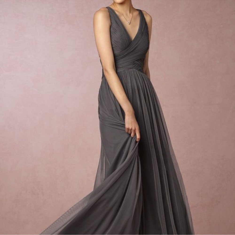 BHLDN Edith Tulle Crisscross Back Formal Dress Gray - Picture 9 of 11